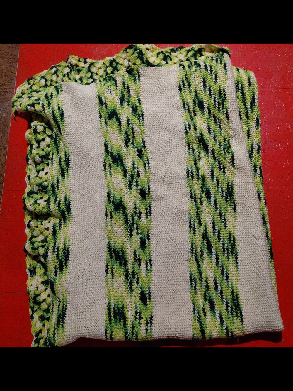 VINTAGE Green & Cream Striped Knit Throw Blanket 68" L X 52"W